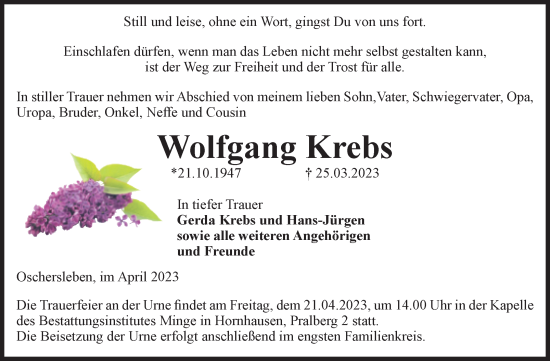Traueranzeige von Wolfgang Krebs von Volksstimme Oschersleben/Wanzleben
