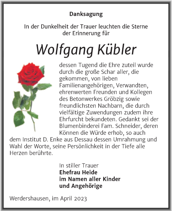 Traueranzeige von Wolfgang Kübler von Trauerkombi Köthen