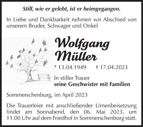 Traueranzeige von Wolfgang Müller von Volksstimme Oschersleben/Wanzleben