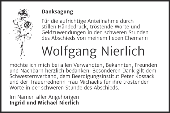 Traueranzeige von Wolfgang Nierlich von Trauerkombi Dessau