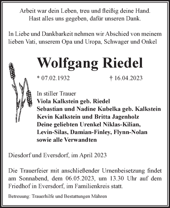 Traueranzeige von Wolfgang Riedel von Volksstimme Altmark West
