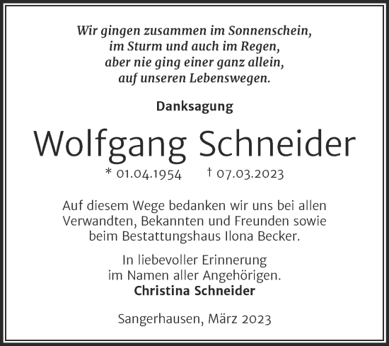 Traueranzeige von Wolfgang Schneider von Trauerkombi Sangerhausen