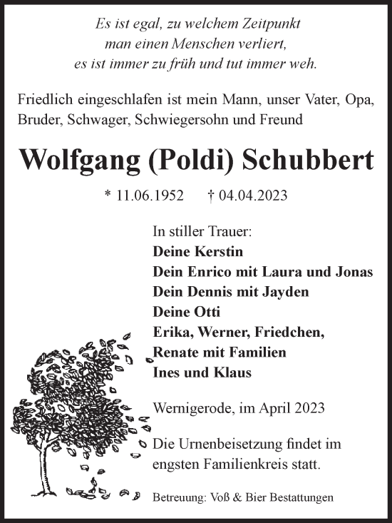 Traueranzeige von Wolfgang Schubbert von Volksstimme Wernigerode