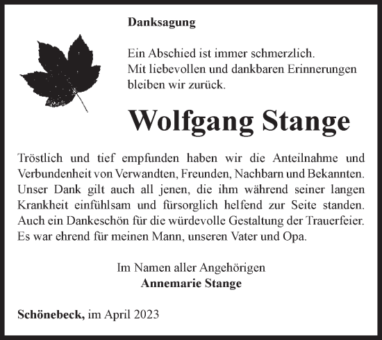 Traueranzeige von Wolfgang Stange von Volksstimme Schönebeck