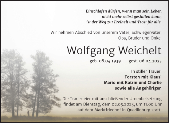 Traueranzeige von Wolfgang Weichelt von Trauerkombi Quedlinburg