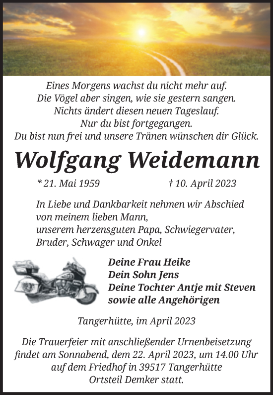 Traueranzeige von Wolfgang Weidemann von Volksstimme Altmark Ost