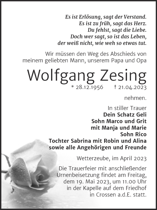 Traueranzeige von Wolfgang Zesing von Trauerkombi Zeitz