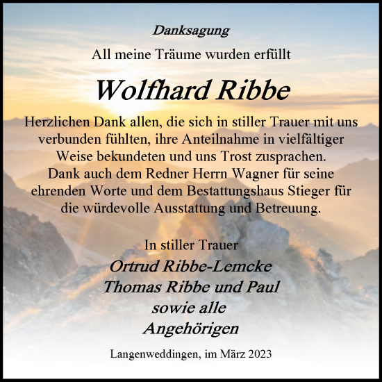 Traueranzeige von Wolfhard Ribbe von Volksstimme Oschersleben/Wanzleben