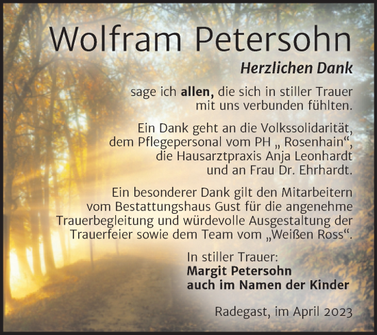 Traueranzeige von Wolfram Petersohn von Trauerkombi Köthen