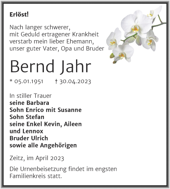 Traueranzeige von Bernd Jahr von Trauerkombi Zeitz