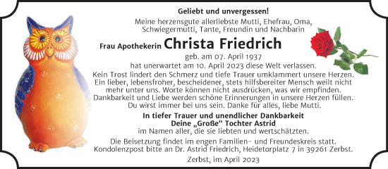 Traueranzeige von Christa Friedrich von Volksstimme Zerbst