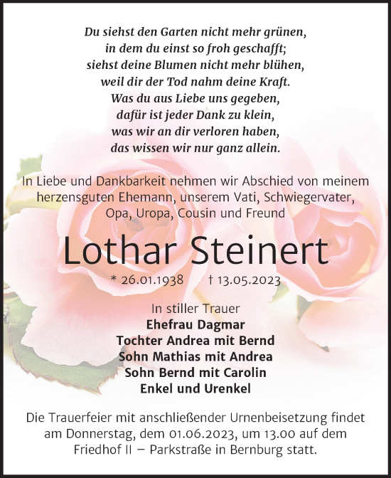 Traueranzeige von Lothar Steinert von Trauerkombi Bernburg