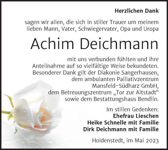 Traueranzeige von Achim Deichmann von Trauerkombi Sangerhausen