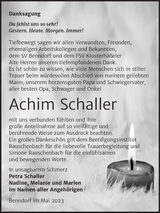 Traueranzeige von Achim Schaller von Wochenspiegel Naumburg/Nebra