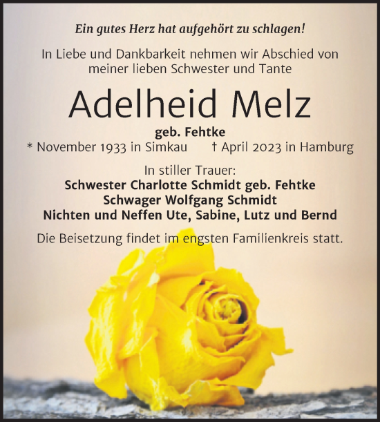 Traueranzeige von Adelheid Melz von Trauerkombi Quedlinburg