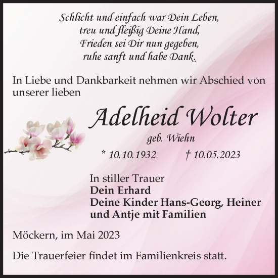 Traueranzeige von Adelheid Wolter von Volksstimme Burg/Genthin