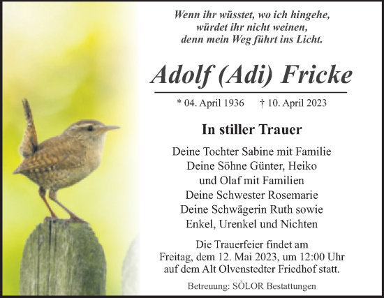 Traueranzeige von Adolf Fricke von Volksstimme Magdeburg