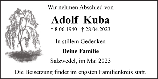 Traueranzeige von Adolf Kuba von Volksstimme Altmark West