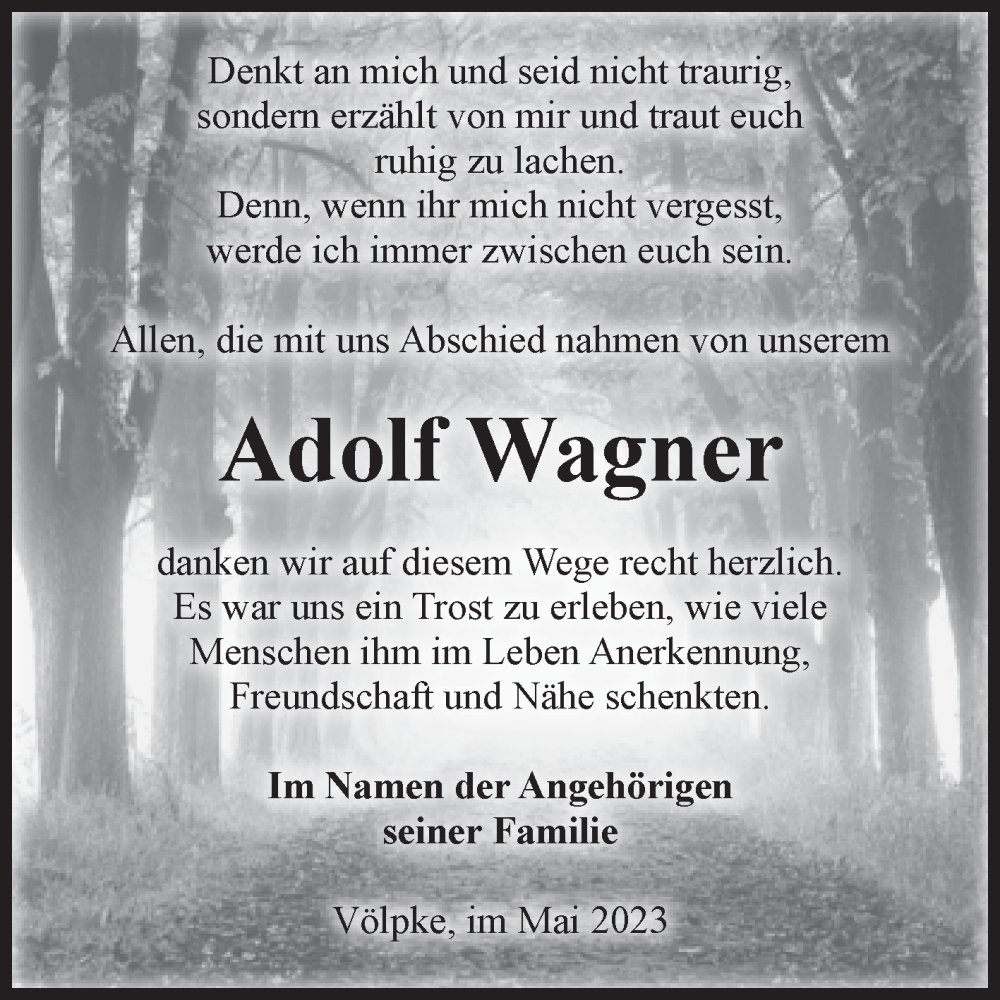  Traueranzeige für Adolf Wagner vom 06.05.2023 aus Volksstimme Oschersleben/Wanzleben