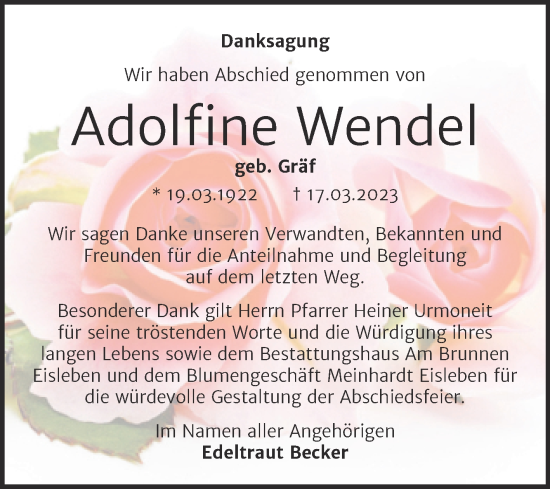 Traueranzeige von Adolfine Wendel von Mitteldeutsche Zeitung Mansfelder Land