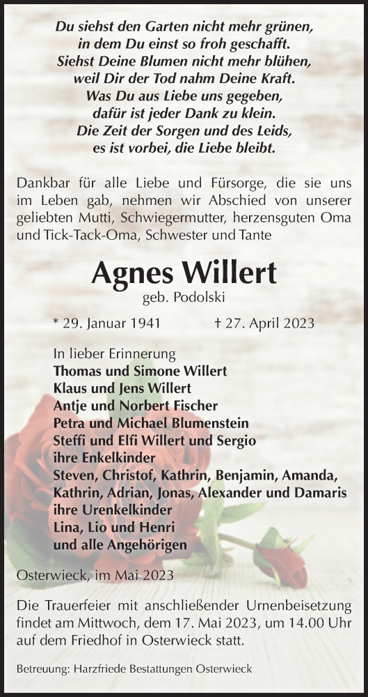 Traueranzeige von Agnes Willert von Volksstimme Halberstadt