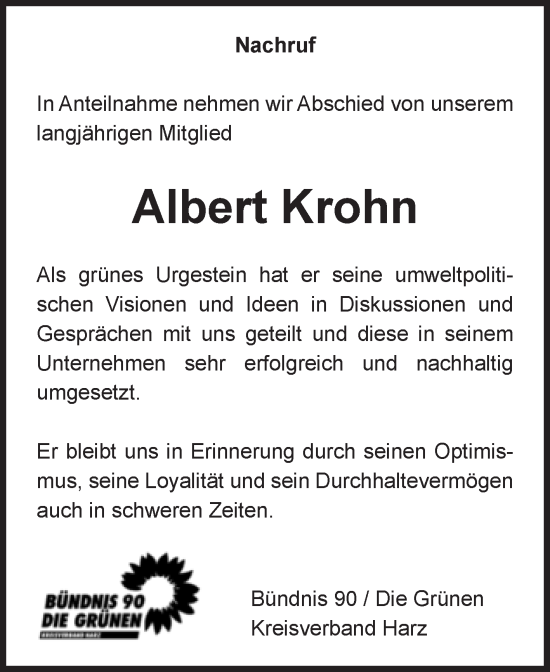 Traueranzeige von Albert Krohn von Volksstimme Halberstadt