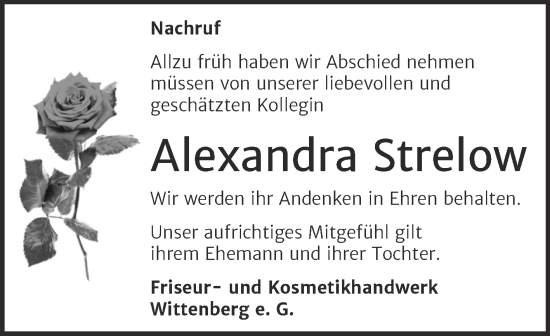 Traueranzeige von Alexandra Strelow von Super Sonntag Wittenberg