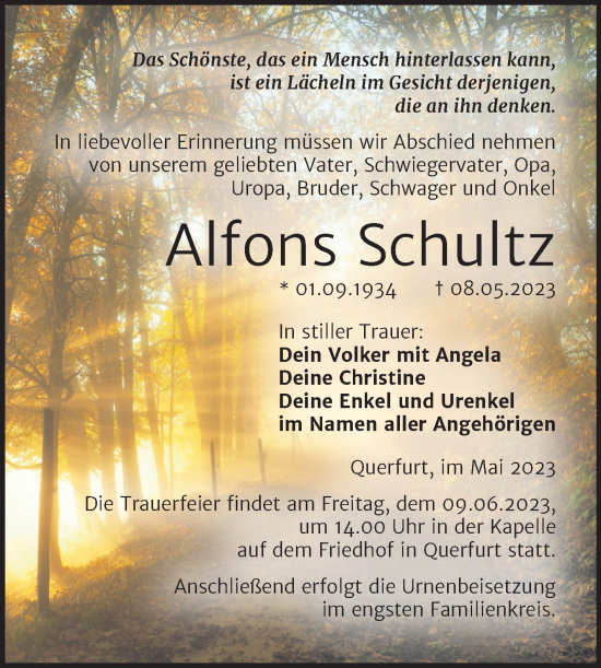 Traueranzeige von Alfons Schultz von Trauerkombi Merseburg
