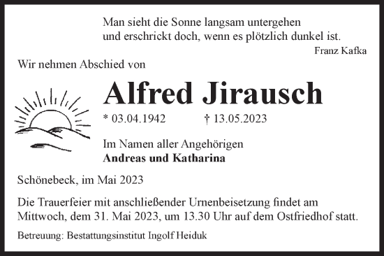 Traueranzeige von Alfred Jirausch von Volksstimme Schönebeck