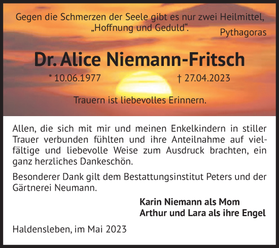 Traueranzeige von Alice Niemann-Fritsch von Volksstimme Haldensleben/Wolmirstedt