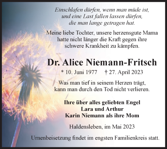 Traueranzeige von Alice Niemann-Fritsch von Volksstimme Haldensleben/Wolmirstedt