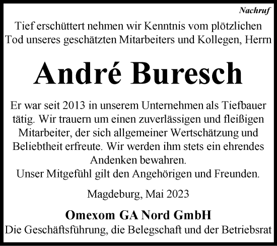 Traueranzeige von Andre Buresch von Volksstimme Schönebeck