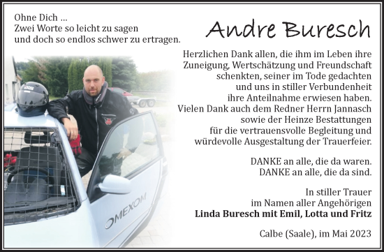 Traueranzeige von Andre Buresch von Volksstimme Schönebeck