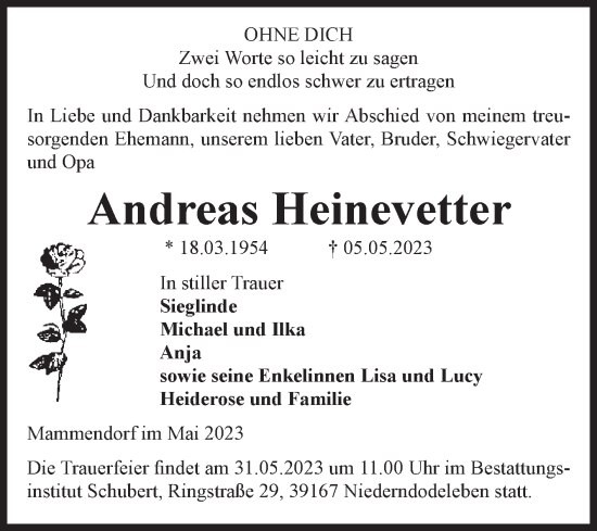 Traueranzeige von Andreas Heinevetter von Volksstimme Haldensleben/Wolmirstedt