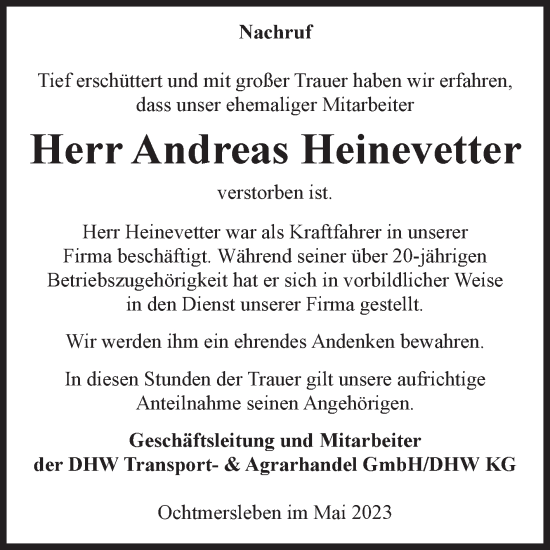 Traueranzeige von Andreas Heinevetter von Volksstimme Haldensleben/Wolmirstedt