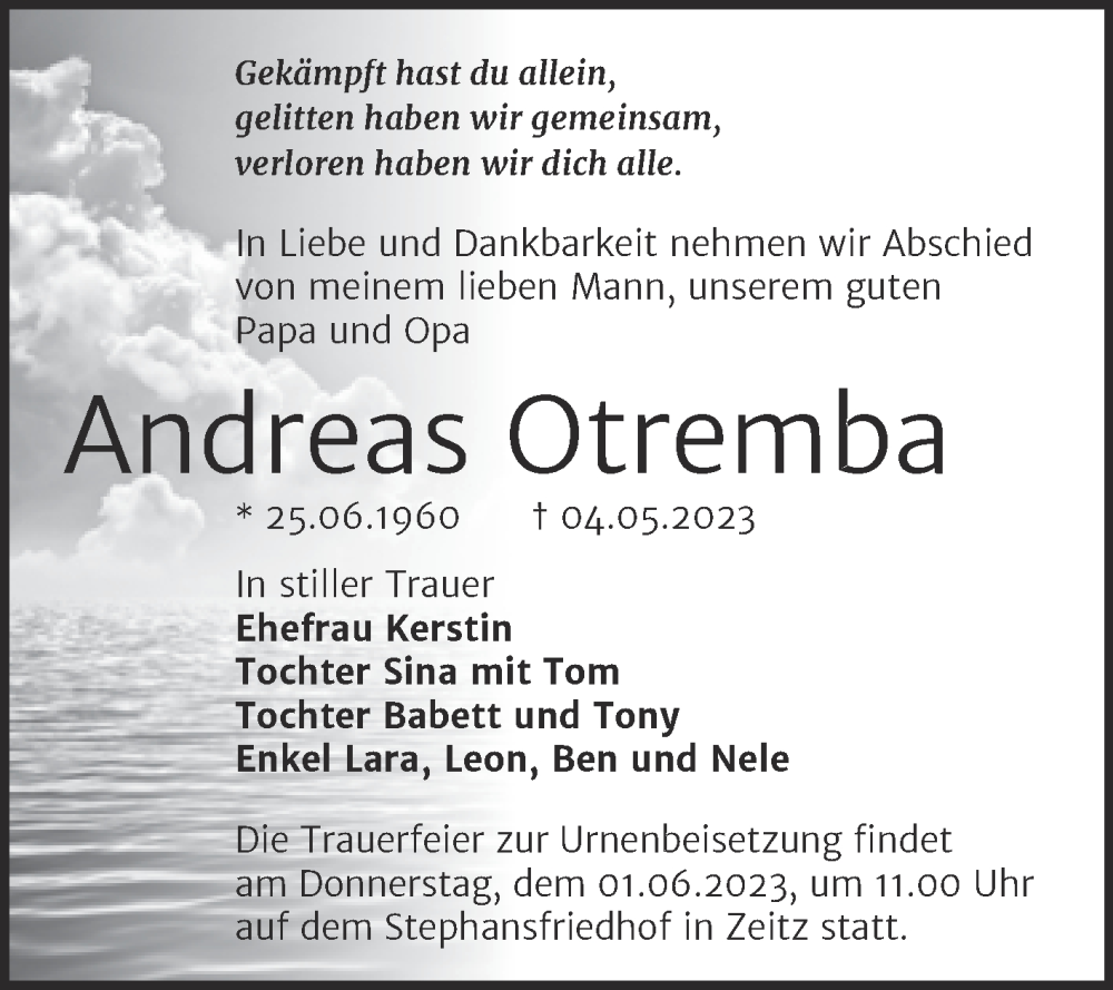  Traueranzeige für Andreas Otremba vom 13.05.2023 aus Trauerkombi Zeitz