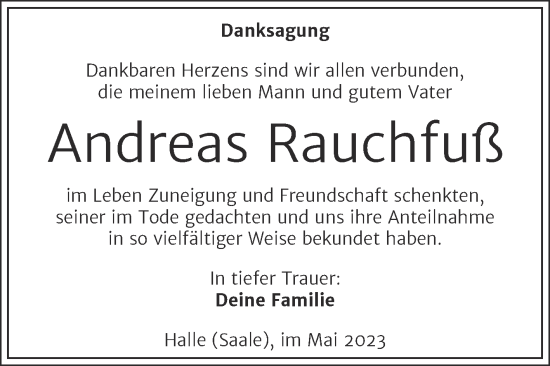 Traueranzeige von Andreas Rauchfuß von Mitteldeutsche Zeitung Halle/Saalkreis