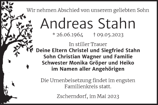 Traueranzeige von Andreas Stahn von Trauerkombi Bitterfeld