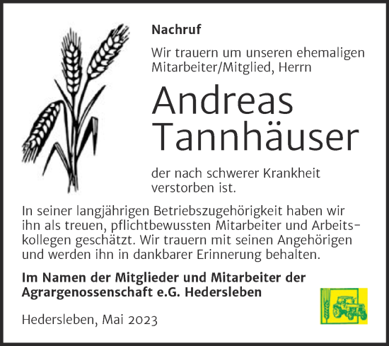 Traueranzeige von Andreas Tannhäuser von Super Sonntag Quedlingburg