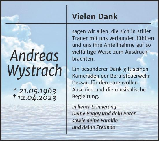 Traueranzeige von Andreas Wystrach von Trauerkombi Dessau