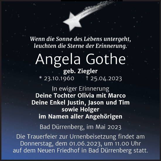 Traueranzeige von Angela Gothe von Trauerkombi Merseburg