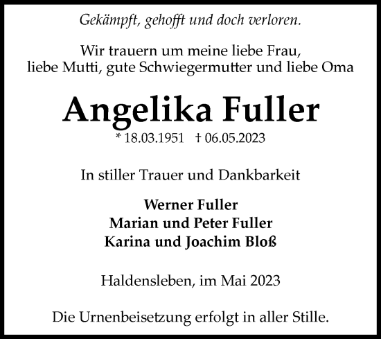 Traueranzeige von Angelika Fuller von Volksstimme Haldensleben/Wolmirstedt