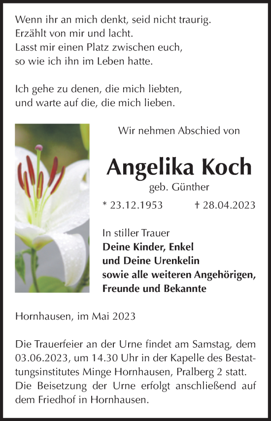 Traueranzeige von Angelika Koch von Volksstimme Oschersleben/Wanzleben