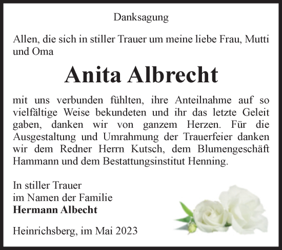 Traueranzeige von Anita Albrecht von Volksstimme Haldensleben/Wolmirstedt