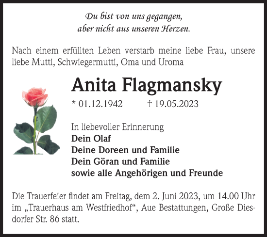 Traueranzeige von Anita Flagmansky von Volksstimme Magdeburg