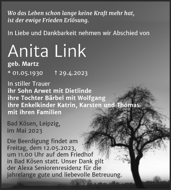 Traueranzeige von Anita Link von Wochenspiegel Naumburg/Nebra