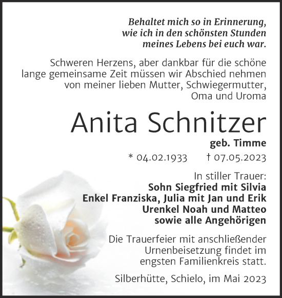 Traueranzeige von Anita Schnitzer von Trauerkombi Quedlinburg