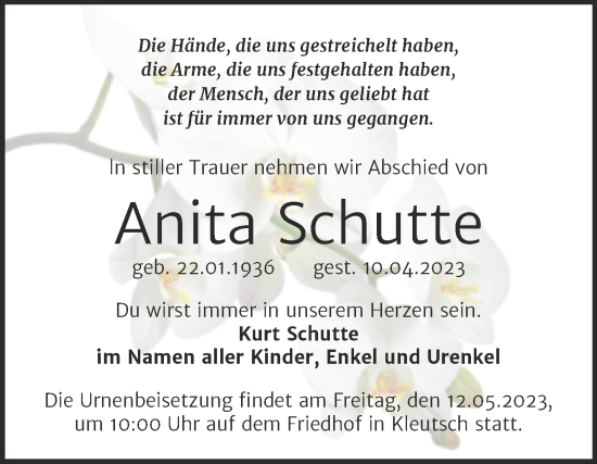 Traueranzeige von Anita Schutte von Trauerkombi Dessau