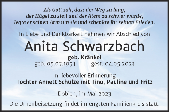 Traueranzeige von Anita Schwarzbach von Trauerkombi Wittenberg