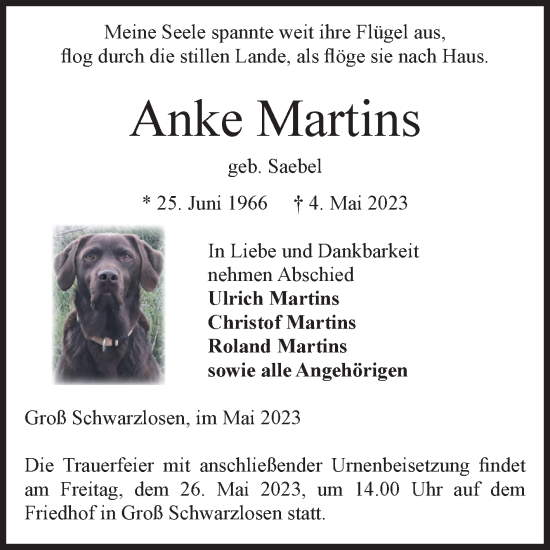 Traueranzeige von Anke Martins von Volksstimme Altmark Ost